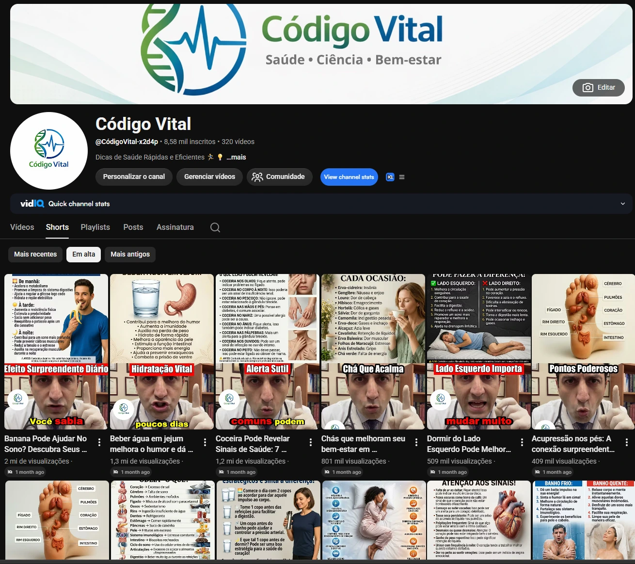 Página oficial do Canal Código Vital no YouTube com 8,58 mil inscritos e 320 vídeos